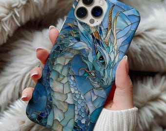Blue Dragon Stained Glass Phone Case Artful Aesthetic Fantasy Case Dragon Lover Gift Iphone 13 14 15 16 Casing Tough Phonecase