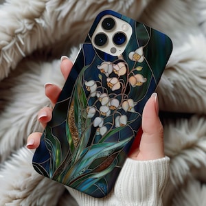 Coque de téléphone style vitrail fleurs sauvages de muguet Art déco, fleur de naissance, cadeau artistique floral pour iPhone 13 14 15 16 Coques solides