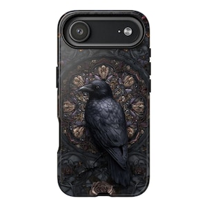 May include: Black phone case featuring a detailed illustration of a black crow perched against a gothic stained-glass window design. The case has a camera cutout and a black border.