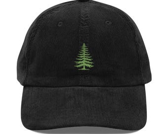 Pine Tree Corduroy Cap Embroidered Baseball Hat Embroidery Hiking Camping Hiker Camper Outdoor Nature Lover Gift Idea Corded Vintage Cap