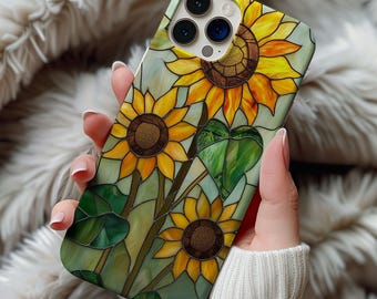 ひまわりのステンドグラスの携帯電話ケース ワイルドフラワーの花柄 芸術的な美的ヴィンテージフラワーケース ギフト iPhone 13 14 15 16 ケース 丈夫な携帯電話ケース