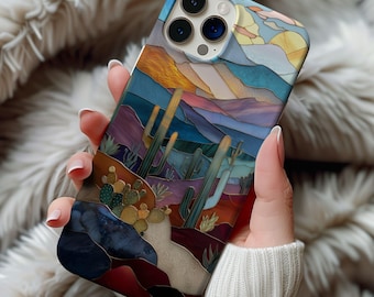 Stained Glass Cactus Phone Case Artful Trendy Desert Landscape Western Southern Boho Gift Samsung Iphone 13 14 15 16 17 Casing Tough Case