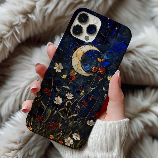 Stained Glass Wildflower Crescent Moon Phone Case Art Deco Flower Floral Artful Celestial Case Gift Iphone 13 14 15 16 Casing Tough Cases