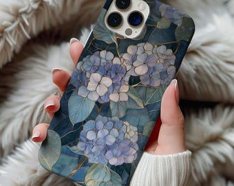 Blue Hydrangea Stained Glass Phone Case Wildflower Floral Artful Aesthetic Vintage Case Gift Iphone 13 14 15 16 Casing Tough Phone Cases