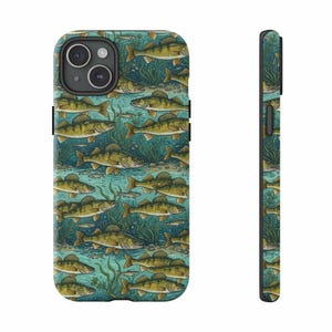May include: A phone case featuring a repeating pattern of yellow and green fish swimming in a teal blue aquatic environment. The design includes aquatic plants and smaller fish, creating a detailed underwater scene. The case has a black border and camera cutout.