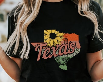Texas Floral Shirt Cactus Sunflower State Map Texas Pride Tshirt Vintage Boho Style Texas Gifts Unisex T-Shirt