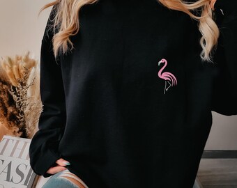 Embroidered Flamingo Sweatshirt Flamingo Embroidery Sweater Cute Trendy Flamingo Lover Gifts Crewneck Sweatshirt