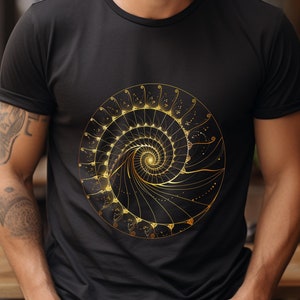 May include: Black t-shirt featuring a gold spiral design. The spiral is a detailed, symmetrical pattern with a central point and radiating lines. The design is centered on the shirt, creating a striking visual.