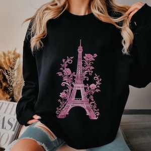 Eiffel Tower Sweater Paris Sweatshirt Pink Roses Floral Eiffel Tower Vintage Paris Gifts Paris France French Souvenirs Crewneck Sweatshirt