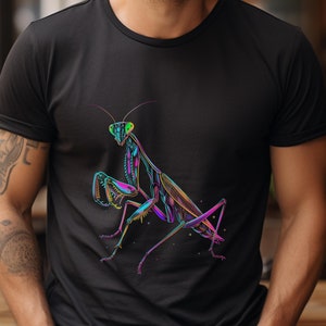 May include: A black t-shirt with a colorful, iridescent praying mantis graphic.