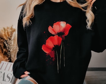 Poppy Flower Sweater Birth Flower Red Poppies Sweatshirt Vintage Floral Abstract Watercolor August Birthday Gifts Crewneck Sweatshirt