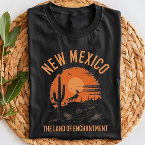 May include: Black t-shirt with a vintage-style graphic of a sunset, a cactus, and a bird. The text "New Mexico The Land of Enchantment" is printed on the shirt.
