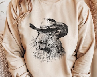 Cowboy Capybara Sweater Capybara Wearing Cowboy Hat Sweatshirt Funny Western Animal Capybara Lover Cowgirl Gift Crewneck Sweatshirt