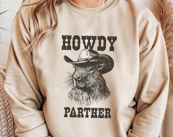 Cowboy Capybara Sweater Howdy Partner Sweatshirt Vintage Funny Western Capybara Lover Cowboy Hat Cowgirl Gift Crewneck Sweatshirt
