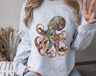 Octopus Sweatshirt Floral Vintage Flowers Kraken Shirt Squid Artwork Ocean Lover Animal Unisex Crewneck Sweatshirt