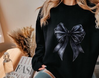 Black Gothic Coquette Bow Sweater Dark Goth Dainty Bow Sweatshirt Cute Trendy Girly Aesthetic Ribbon Gifts Crewneck Sweatshirt