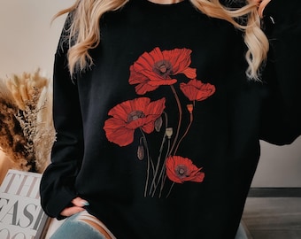 Poppy Flower Sweatshirt Red Poppy Sweater Vintage Floral Wildflower Sweatshirt Spring Summer Gift Idea Botanical Crewneck Sweatshirt