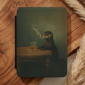 Otter Smoking Cigarette Kindle Case Faux Leather Dark Academia Whisky Lover Funny Animal Kindle Cover