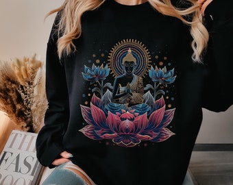 Buddha Sweatshirt Buddha Sweater Vintage Lotus Flower Patterns Buddhism Yoga Sweatshirt Zen Buddhist Gifts Yoga Lover Crewneck Sweatshirt