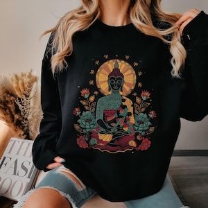 Buddha Sweatshirt Floral Buddha Sweater Vintage Flower Patterns Buddhism Yoga Sweatshirt Zen Buddhist Gifts Yoga Lover Crewneck Sweatshirt