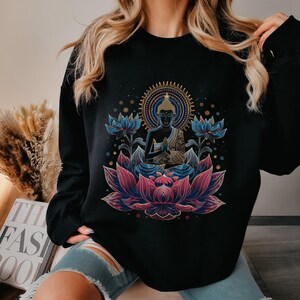 Buddha Sweatshirt Buddha Sweater Vintage Lotus Flower Patterns Buddhism Yoga Sweatshirt Zen Buddhist Gifts Yoga Lover Crewneck Sweatshirt