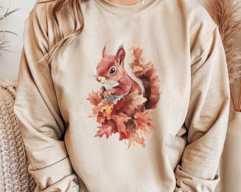 Squirrel Fall Sweatshirt Autumn Leaves Sweater Vintage Forest Animal Squirrel Lover Gift Idea Crewneck Sweatshirt