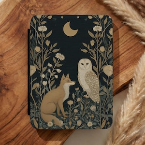 Fox Owl Kindle Case Faux Leather William Morris Style Forest Animal Nature Lover Dark Botanical Cottagecore Kindle Cover