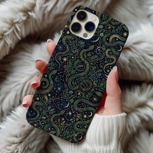 Coque pour iPhone 14 15 16 17 Pro Max, serpent céleste, Samsung Galaxy S26, serpent enchanté, étoile de la lune