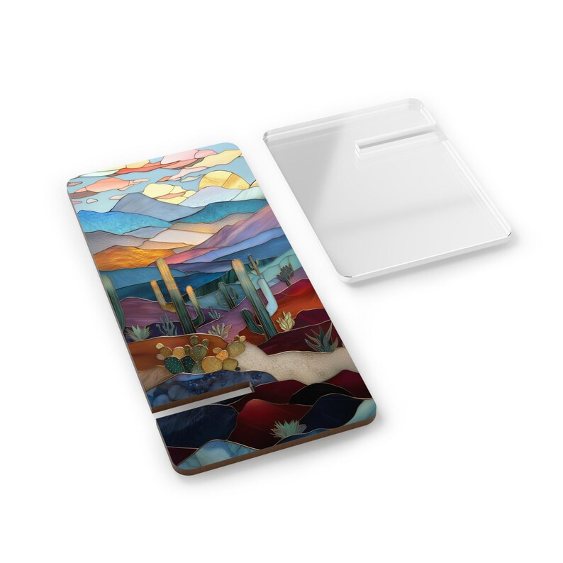 Cactus Stained Glass Style Phone Stand Western Landscape Vintage Mobile Display Stand for Smartphones image 3