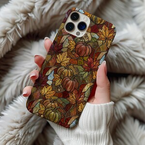Magnetic MagSafe iPhone 14 15 16 17 Pro Max Samsung S26 Cover Stained Glass Fall Pumpkin Leaves Phone Case
