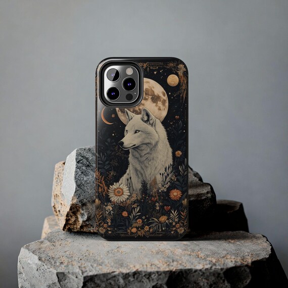 White Wolf Phone Case Full Moon Celestial Occult Witchy Gothic Artdeco Wildflower Wolf Lover Gift Iphone 12 13 14 15 16 Pro Tough Cases