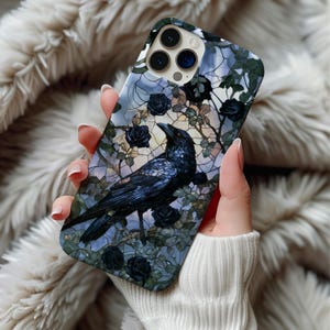 Gothic Raven MagSafe Phone Case, Stained Glass Crow Magnetic iPhone 14 15 16 17 Pro Max Galaxy S26 Cover, Dark Academia Witchy Rose Gift