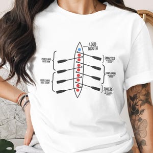 May include: White t-shirt featuring a graphic of a boat with oars and text. The design includes labels like "Loud Mouth," "Smarties," "Complainers," and "Jokers." The shirt is a casual wear item.
