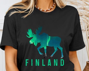 Finland Shirt Northern Lights Moose Tshirt Nature Lover Gifts Finnish Souvenirs Unisex T-Shirt