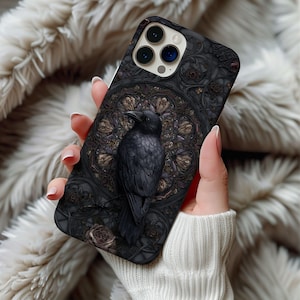 Stained Glass Black Crow Raven Phone Case Artful Witchy Goth Vintage Flowers Floral Goth Gift Samsung Iphone 13 14 15 16 Casing Tough Case