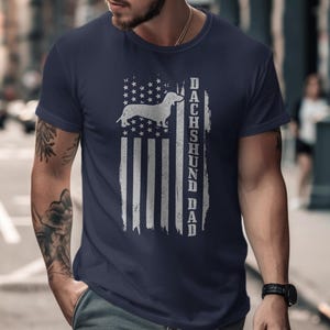 Navy t-shirt with distressed American flag and "DACHSHUND DAD" text.