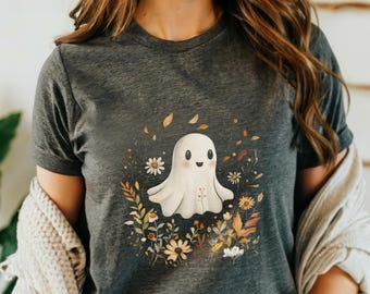 Cute Ghost Wildflower Shirt Autumn Leafs Fall Tshirt Vintage Floral Halloween Ghost Tee Gifts T-Shirt