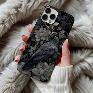 Stained Glass Black Crow Raven Phone Case Artful Witchy Goth Vintage Flowers Floral Goth Gift Samsung Iphone 13 14 15 16 Casing Tough Case