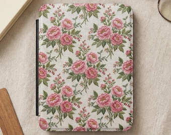 Peony Floral Kindle Paperwhite Case Printed Ereader Cover Faux Embroidered Pink Peonies Blossom Vintage Design Gift
