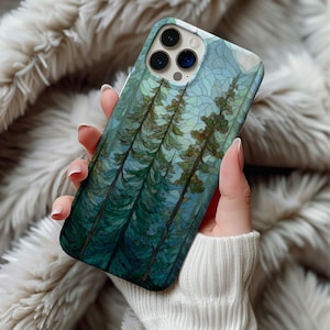 Stained Glass Pine Tree Phone Case Artful Trendy Landscape Nature Lover Christmas Gift Samsung Galaxy Iphone 13 14 15 16 Casing Tough Case