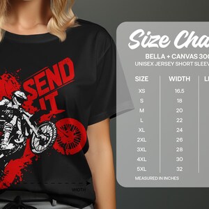 T-shirt graphic with motocross rider and "SEND IT" text, next to size chart.