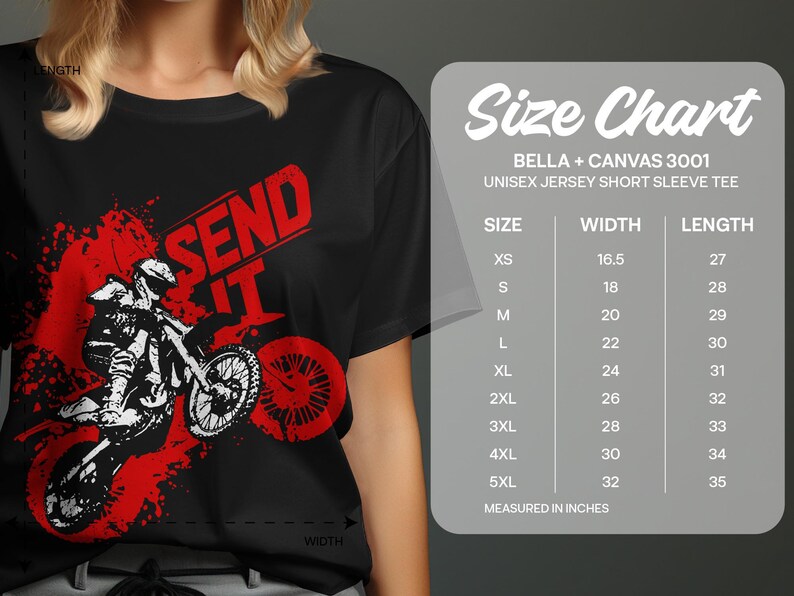 T-shirt graphic with motocross rider and "SEND IT" text, next to size chart.
