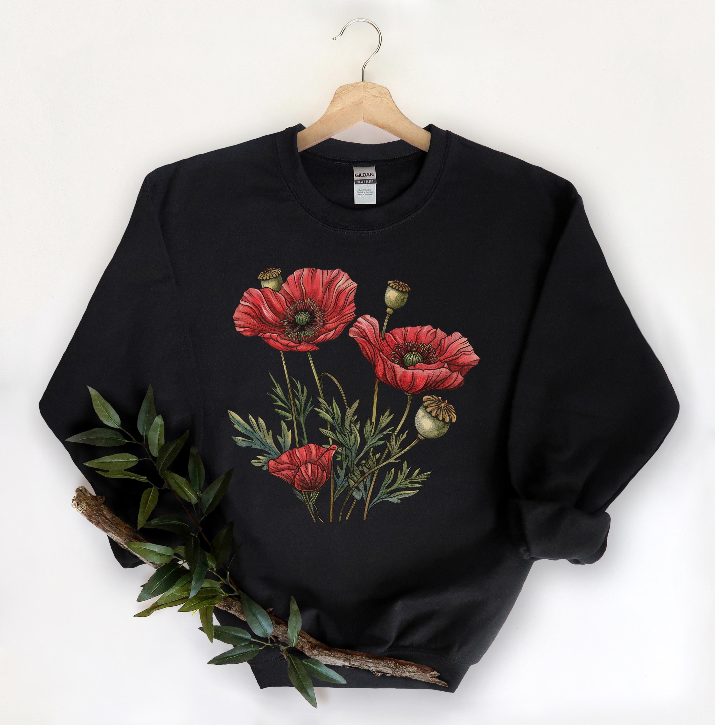 Poppy Flower Sweatshirt Red Poppy Sweater Vintage Floral 