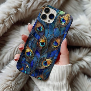 Peacock Feather Stained Glass Phone Case Floral Artful Aesthetic Blue Flower Abstract Case Gift Iphone 13 14 15 16 Casing Tough Phonecase