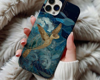 Witrażowe etui na telefon z żółwiem morskim w stylu art déco, pomysłowe i modne, dla miłośników zwierząt oceanicznych, etui na plażę, prezent na iPhone'a 13 14 15 16 17, wytrzymałe etui na telefon
