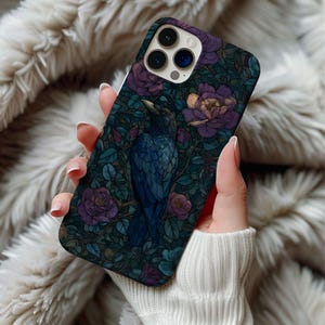 Stained Glass Black Crow Raven Phone Case Artful Witchy Goth Vintage Flowers Floral Goth Gift Samsung Iphone 13 14 15 16 Casing Tough Case