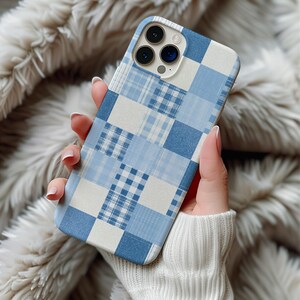 Blue Patchwork Quilt MagSafe Phone Case Magnetic iPhone 17 16 15 14 Pro Max Galaxy S26 Cover Gingham Plaid Denim Coastal Aesthetic