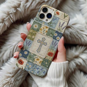 Funda para teléfono MagSafe con estampado magnético de patchwork de cruz cristiana para iPhone 14 15 16 17 Pro Max y Galaxy S26, diseño floral cottagecore y fe.