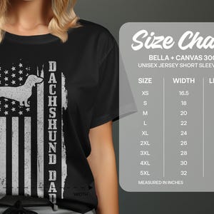 Black t-shirt with distressed Dachshund on American flag, size chart.