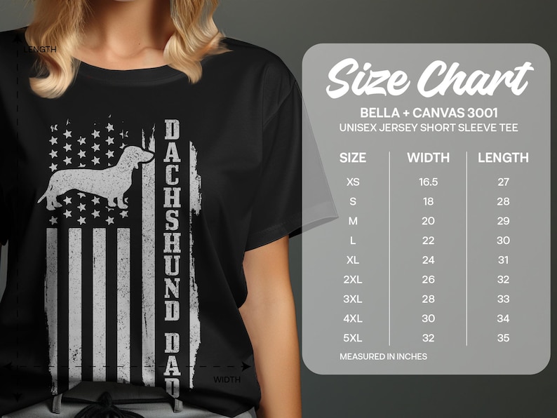 Black t-shirt with distressed Dachshund on American flag, size chart.
